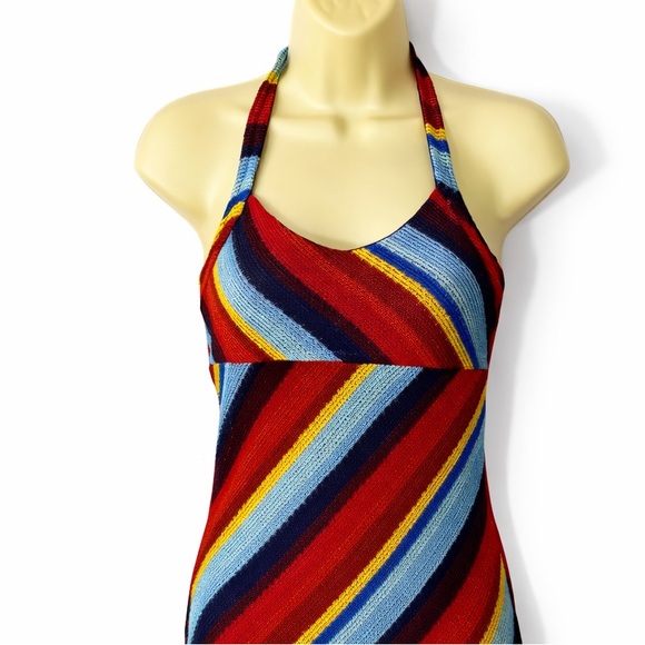 Vintage Le Chateau Y2K Rainbow Stripe Halter Maxi Dress Bodycon Boho XS S - Picture 4 of 7